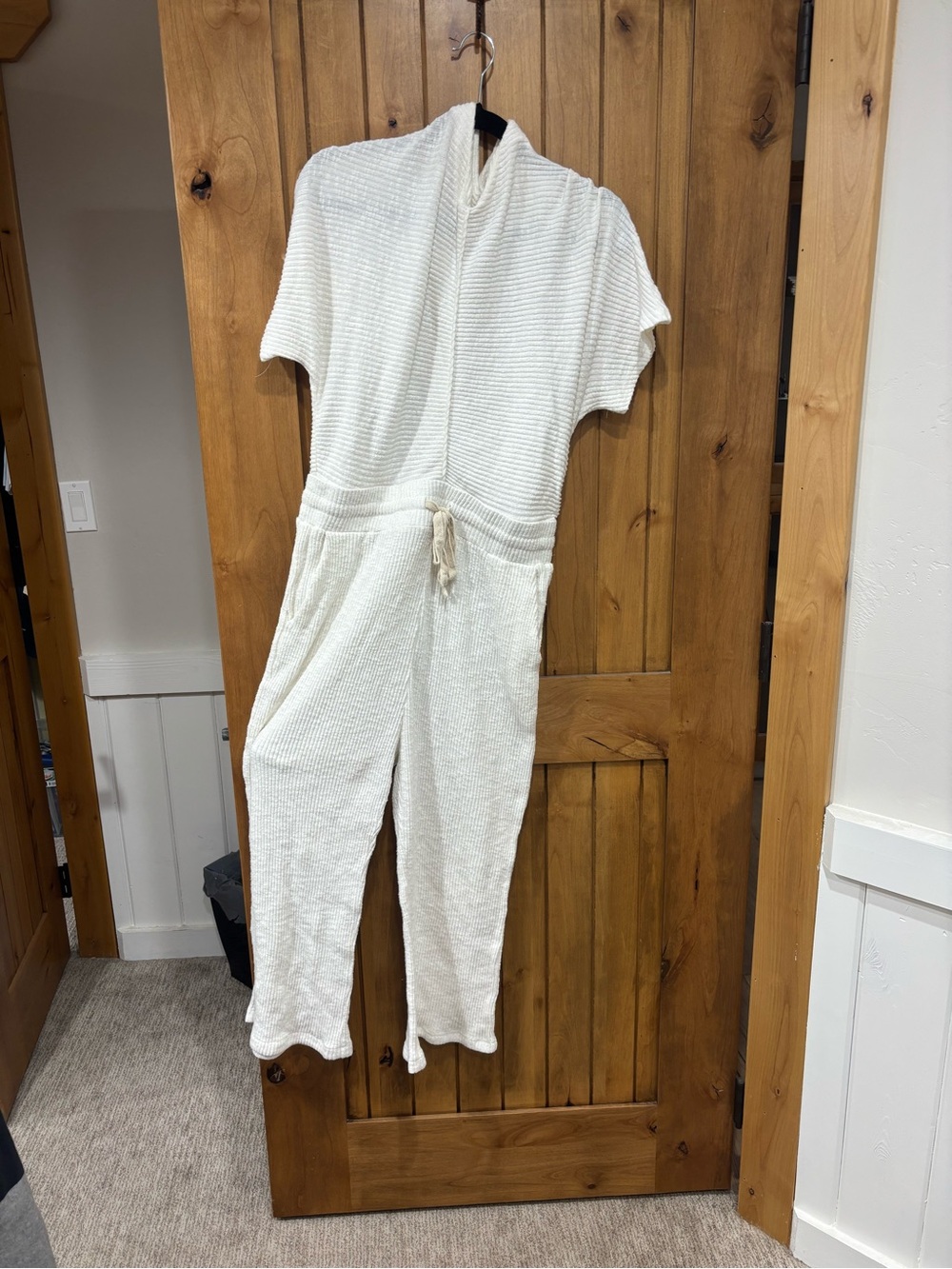 Roolee Cream Textured Short-Sleeve Jumpsuit with Drawstring